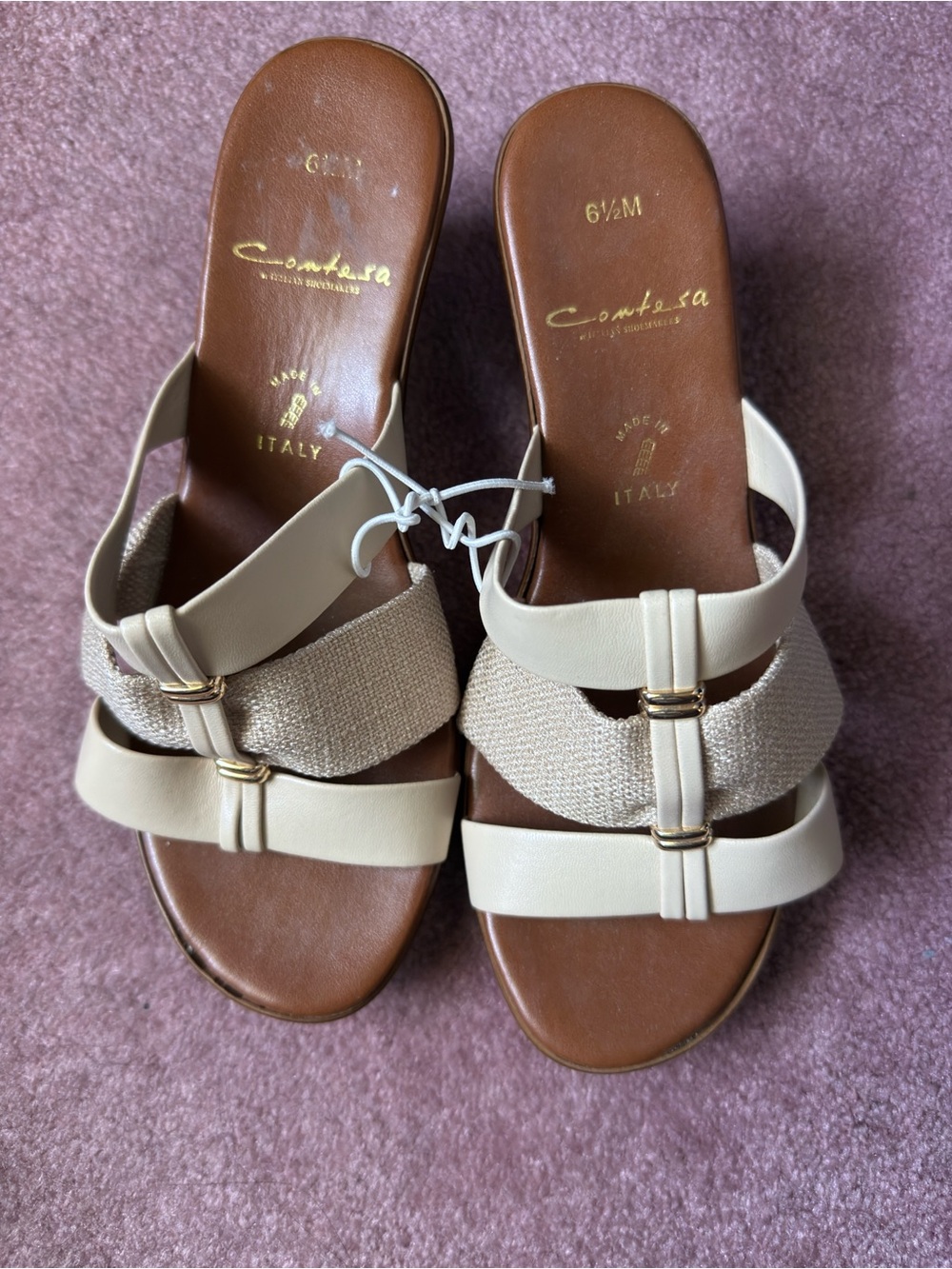 Comtesa Italian shoemaker Cream Slide Sandals Wedges